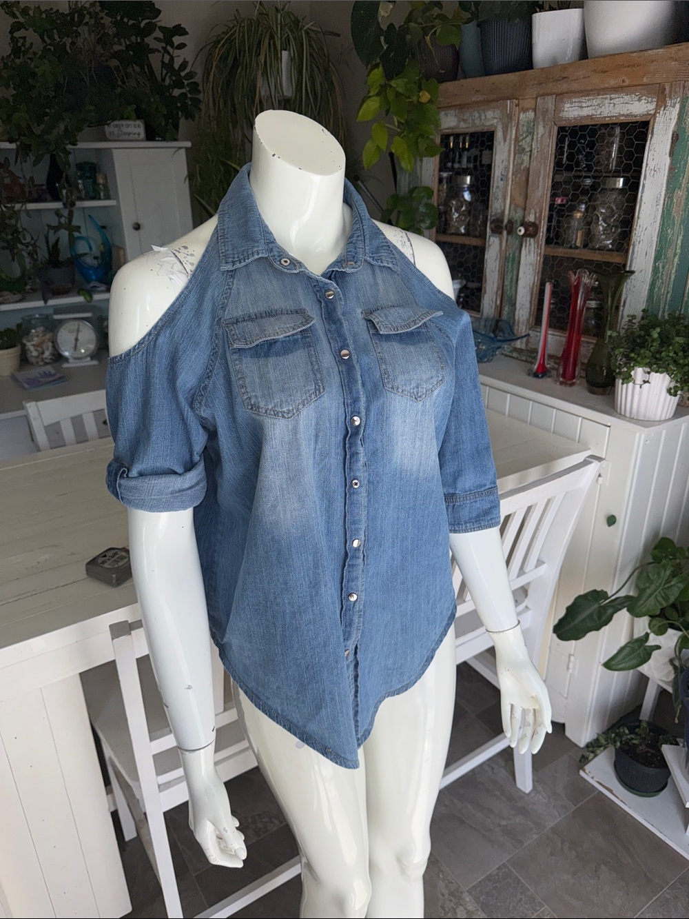 Sans Souci Dress Womens S Light Blue Chambray Peplum Cowgirl Boho Cold-Shoulder